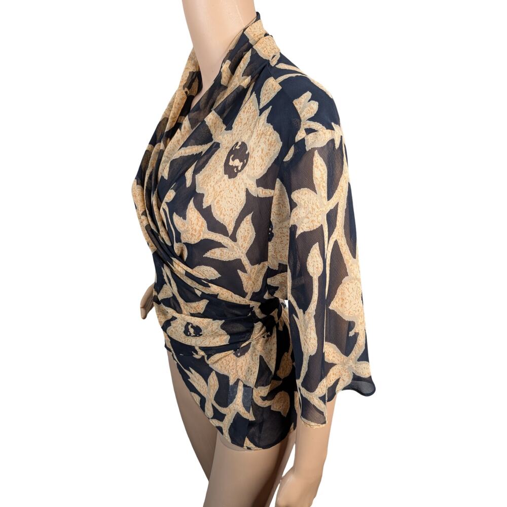 Vintage 90s Jaeger Made in UK Sheer Floral Chiffon Wrap Top Flutter Sleeve 36 - Picture 4 of 8